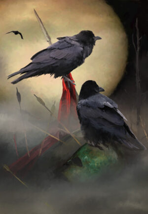 Art print of two ravens perched in front of a full moon