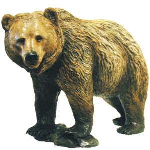 Bronze grizzly bear standing on all fours in a golden-brown finish