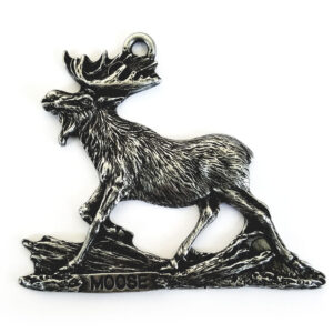 Silver-toned metal ornament of a walking bull moose