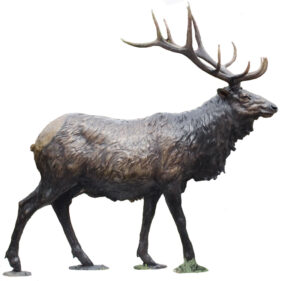 Life-size bronze bull elk standing with a large rack of antlers