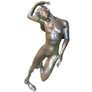 Bronze female figure sculpture in a graceful pose with one arm raised overhead, on a round base