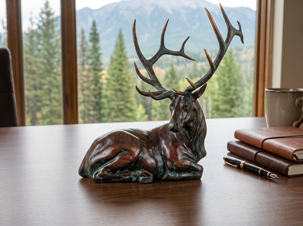 Bronze sculpture of a resting bull elk displayed on a table in a room with mountain-view windows