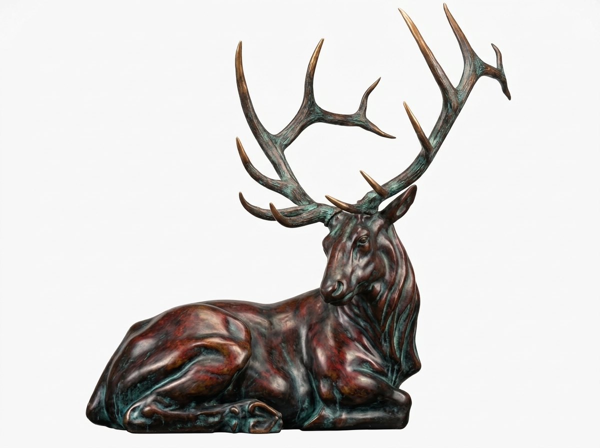 Bronze sculpture of a bull elk lying down with a large rack of antlers