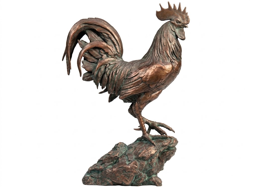 Bronze sculpture of a rooster standing tall on a rocky base, in a brown patina with verde green accents