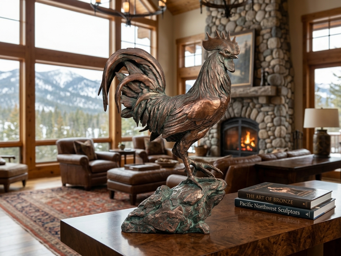 Bronze rooster sculpture on a stone fireplace mantel in a rustic living room with large windows