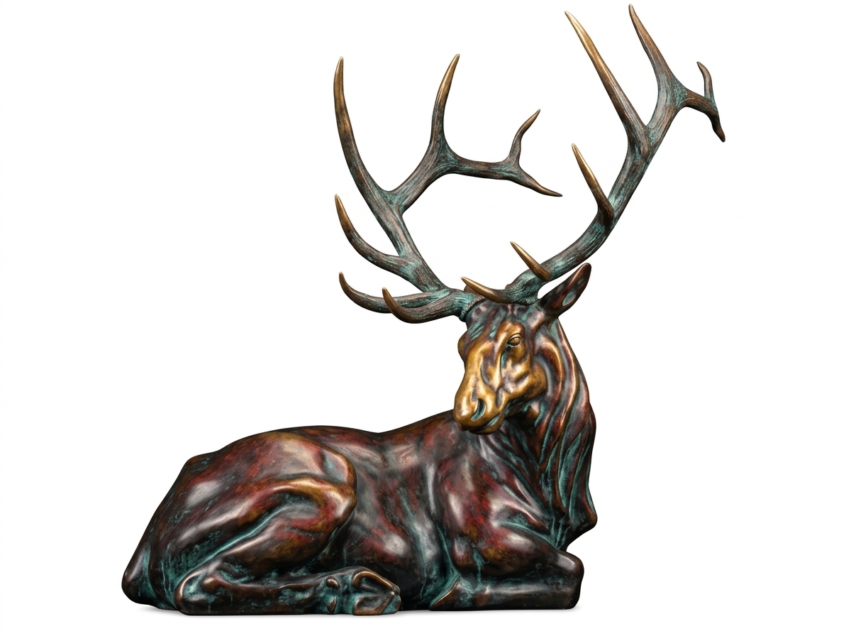 Bronze sculpture of a bull elk lying down, side view