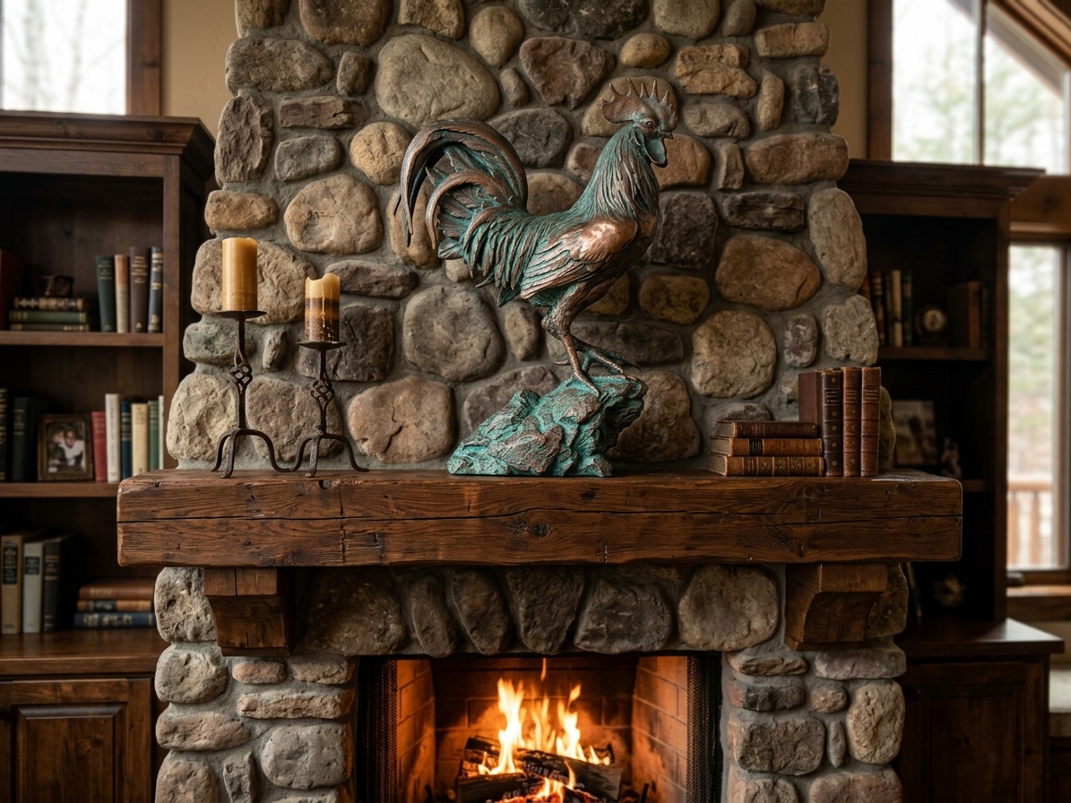Bronze rooster sculpture displayed on the mantel of a stone fireplace with a fire burning below