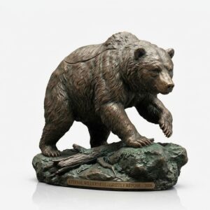Bronze grizzly urn: a sculpted grizzly bear striding over a rocky base, in a brown patina