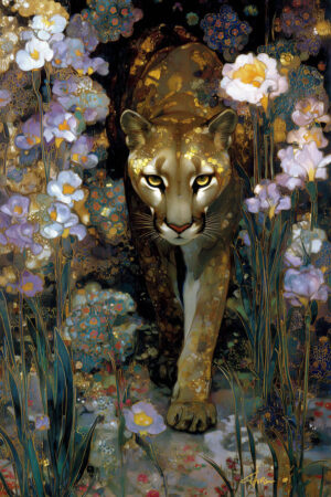 Art print of a cougar walking through wildflowers