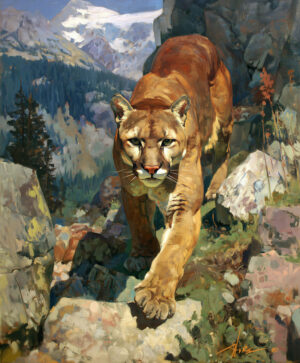 Art print of a cougar stepping down a rocky slope