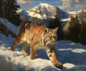 Bobcat Below the Peaks art print of a bobcat walking across snow beneath glacier-capped peaks by Eric Thorsen
