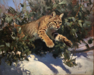 Through the Huckleberries art print of a bobcat pushing through huckleberry brush over snow by Eric Thorsen