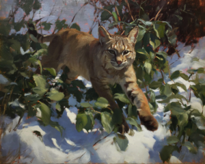 Huckleberry Leap art print of a bobcat leaping through huckleberry brush over snow by Eric Thorsen