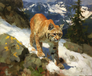 Bobcat on the Ridge art print of a bobcat walking down a snowy ridge past lichen-covered rocks by Eric Thorsen