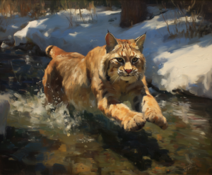 Bobcat Creek Dash art print of a bobcat running through a creek between snowbanks by Eric Thorsen