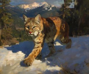 Bobcat in Spring Snow art print of a bobcat walking across sunlit snow by Eric Thorsen