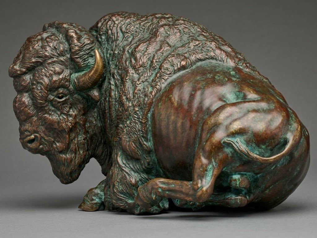 Bronze sculpture of an American bison lying down at rest, in a brown patina with verde green highlights, on a gray background