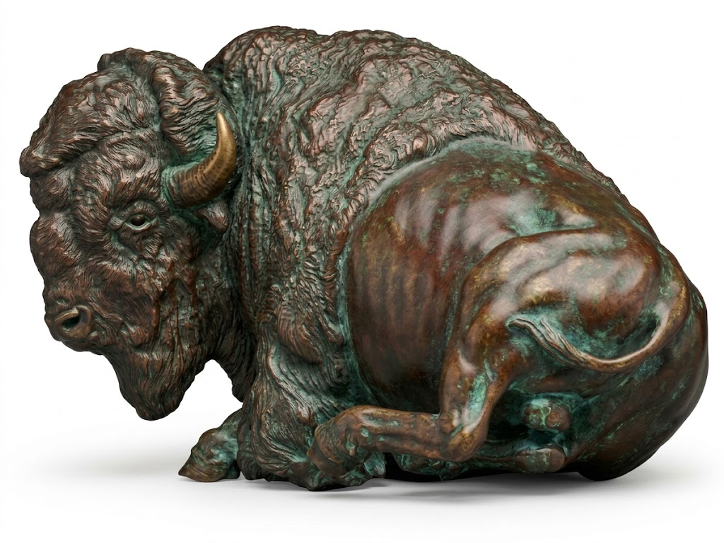 Bronze sculpture of an American bison lying down at rest, in a brown patina with verde green highlights, on a white background