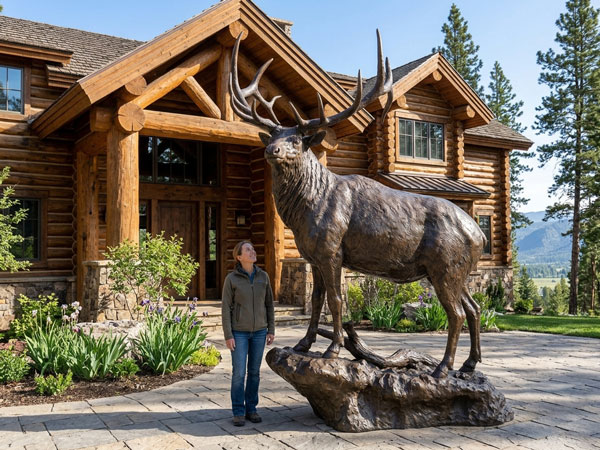 15 foot bronze elk monument by Eric Thorsen on a rock base in front of a log home, with a woman beside it for scale
