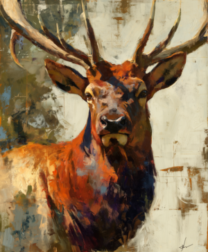 Monarch art print of a bull elk portrait in rust and violet by Eric Thorsen