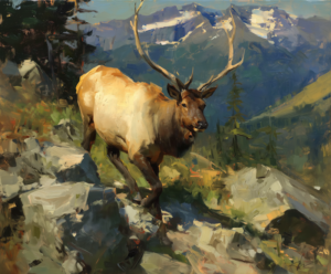 High Trail Bull art print of a bull elk on a rocky high-country slope by Eric Thorsen
