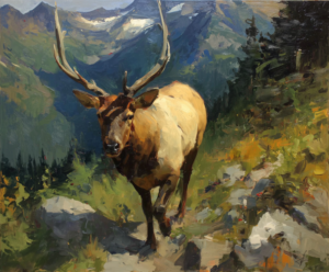 Mountainside Bull art print of a bull elk walking down a rocky mountainside by Eric Thorsen