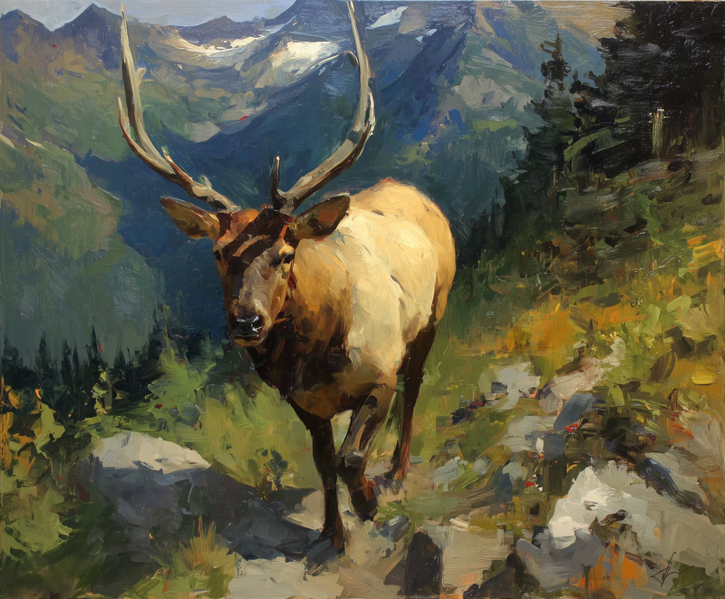 Mountainside Bull art print of a bull elk walking down a rocky mountainside by Eric Thorsen