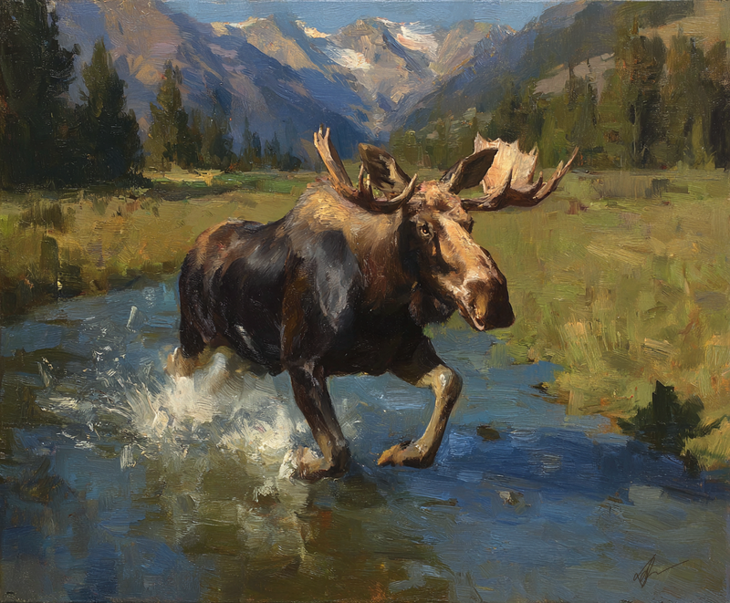 Stream Crossing art print of a bull moose striding through a mountain stream by Eric Thorsen