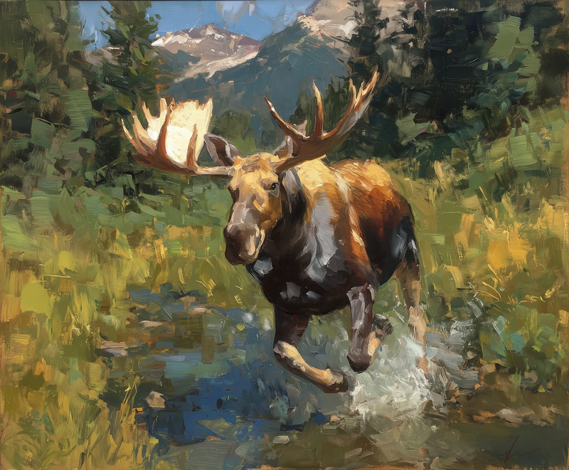 Splashdown art print of a bull moose running through a splashing creek by Eric Thorsen