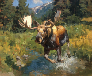 Moose Charge art print of a bull moose running through a creek by Eric Thorsen