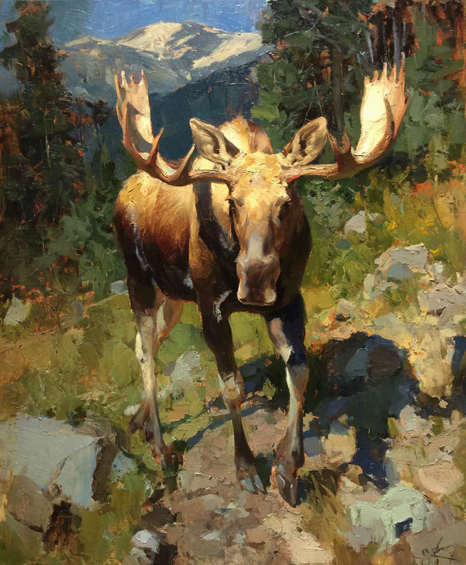 Rocky Trail Bull art print of a bull moose on a sunlit rocky trail by Eric Thorsen