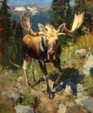 Trail Boss art print of a bull moose walking down a rocky trail by Eric Thorsen