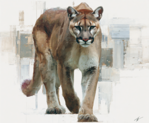 Cougar Approach art print of a cougar walking toward the viewer on a pale background by Eric Thorsen