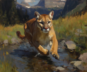 Mountain Creek Cougar art print of a cougar leaping across a rocky creek by Eric Thorsen