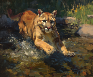 Cougar in the Spray art print of a cougar charging through a mountain stream by Eric Thorsen