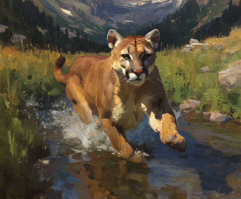Cougar Creek Run art print of a cougar running through a mountain creek by Eric Thorsen