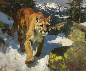 Snowmelt Cougar art print of a cougar walking through melting snow by Eric Thorsen