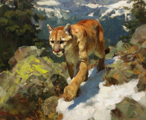 Cougar on Lichen Rocks art print of a cougar walking past lichen-covered rocks in snow by Eric Thorsen