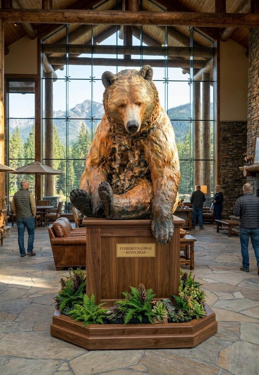 Life-size bronze grizzly bear sitting on a wooden pedestal in a timber lodge lobby with tall windows and mountain views