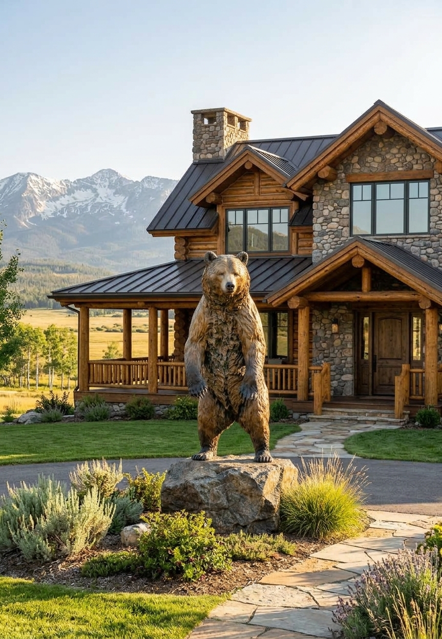 Life-size bronze grizzly bear standing upright on its hind legs in the front garden of a stone and timber mountain home