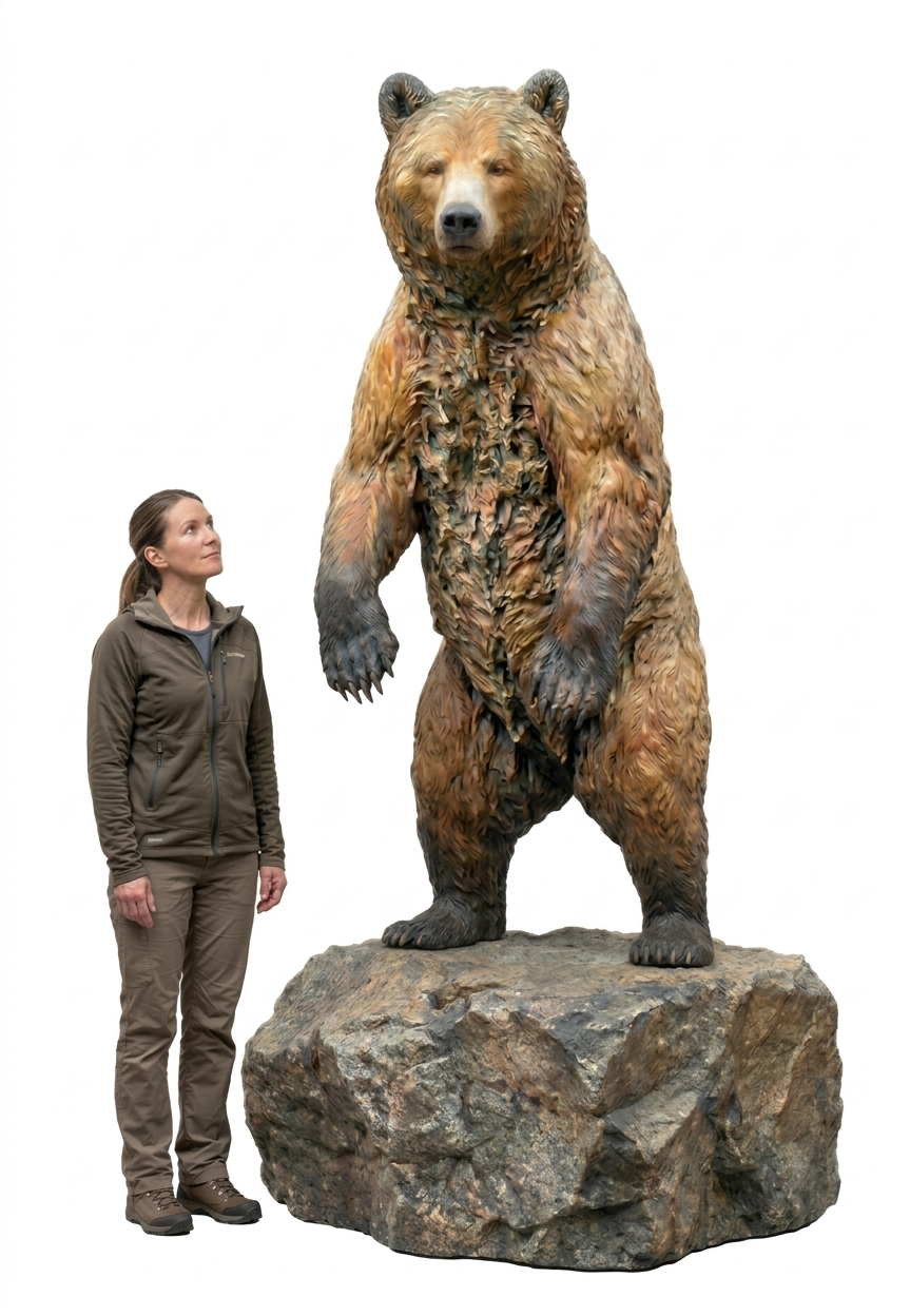 Life-size sculpture of a grizzly bear standing upright on its hind legs on a large rock, with a woman beside it looking up for scale
