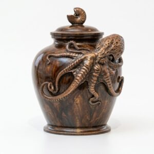 Bronze cremation urn in a dark brown patina with a sculpted octopus wrapping its tentacles around the body and a spiral shell finial on the lid