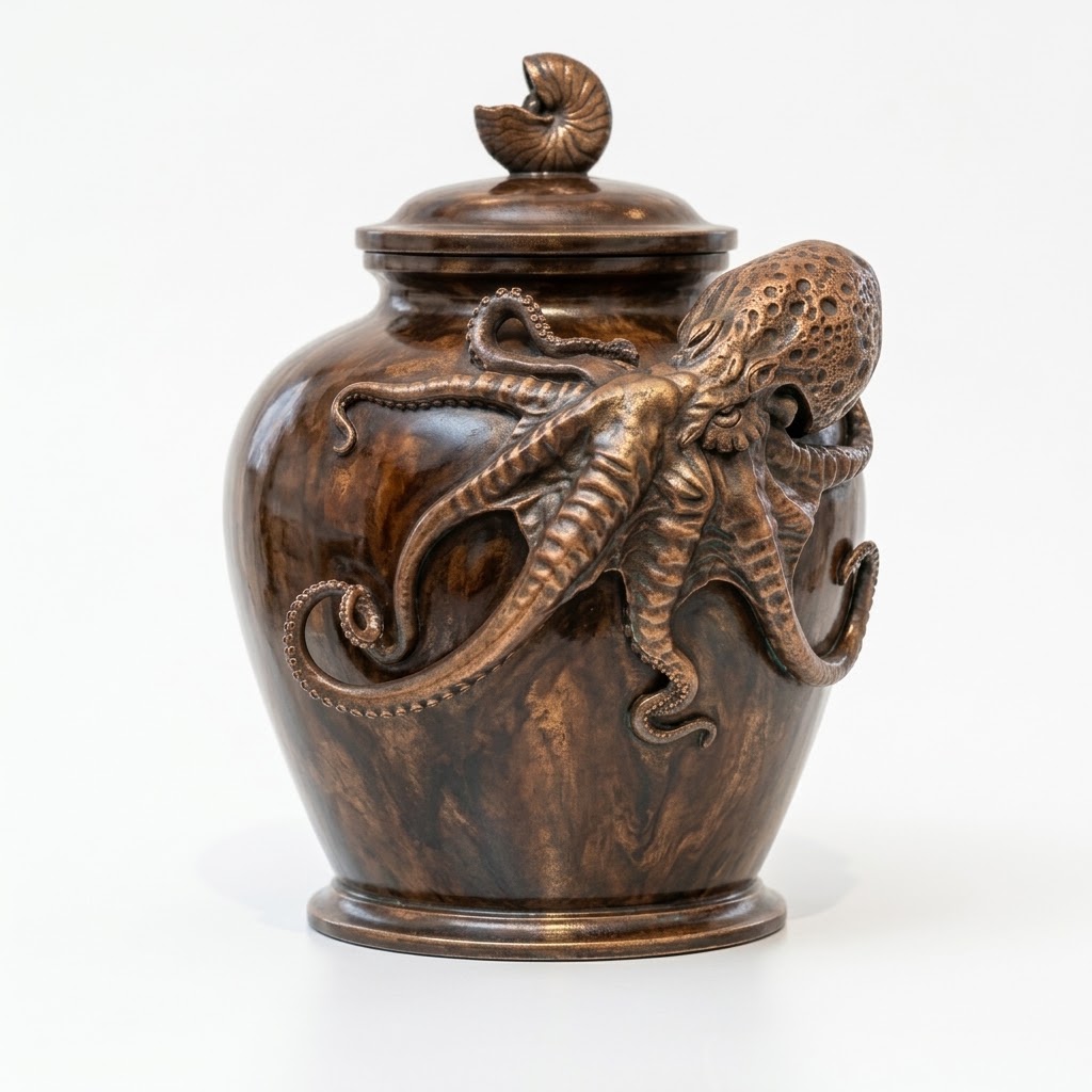 Bronze cremation urn in a dark brown patina with a sculpted octopus wrapping its tentacles around the body and a spiral shell finial on the lid