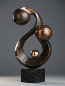 Abstract family sculpture by Eric Thorsen, a curving ribbon with three spheres on a black stone base