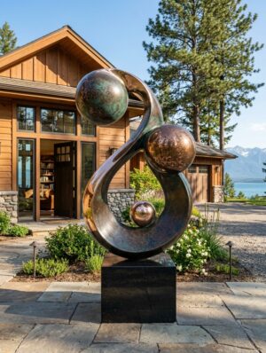 Life-size family sculpture by Eric Thorsen, an abstract ribbon with three spheres outside a mountain home
