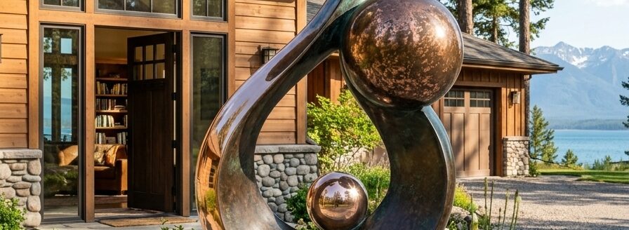 Life-Size Family Sculpture Life-size family sculpture by Eric Thorsen, an abstract ribbon with three spheres outside a mountain home