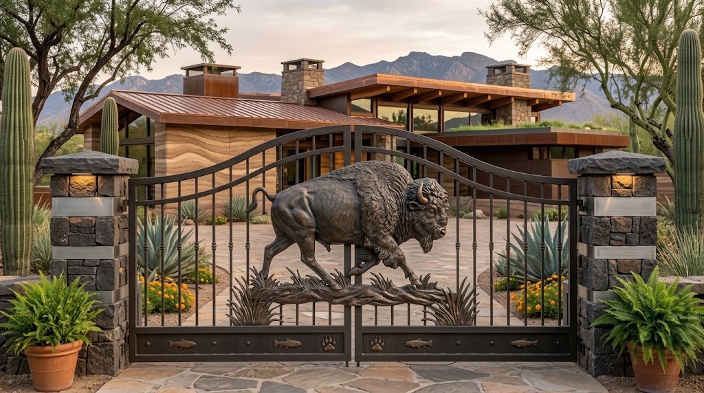 Custom metal entry gate with a bronze bison sculpture at its center, in front of a mountain home