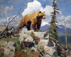 Grizzly Lookout art print of a grizzly standing on mountain rocks by Eric Thorsen