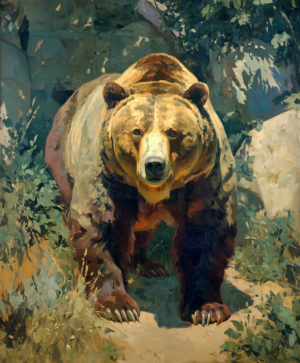 Eye to Eye art print of a grizzly walking toward the viewer through rocky brush by Eric Thorsen