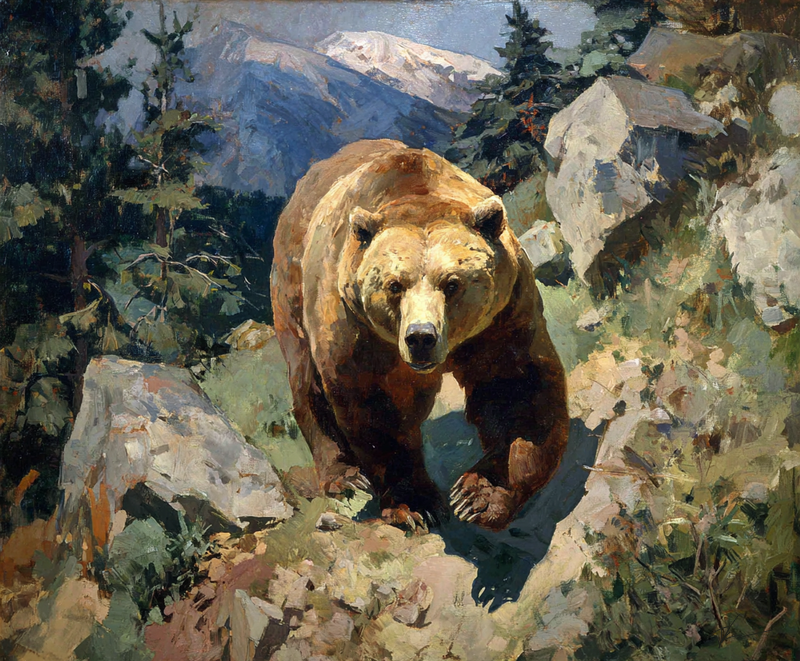 Grizzly Descent art print of a grizzly walking down a rocky mountainside by Eric Thorsen